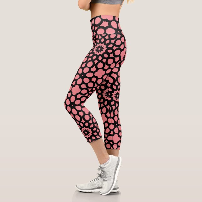 Salmon Pink and Black Snowflake pattern Capri Leggings (Left)