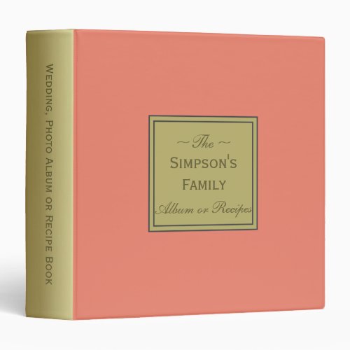 Salmon Pink and Gold Custom Photo Album or Recipes 3 Ring Binder