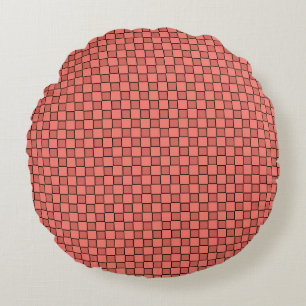 Salmon Pink Black Checkerboard Pattern Round Pillow