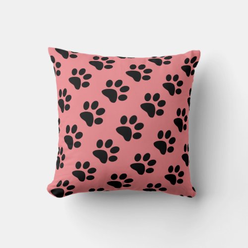 Salmon Pink Black Paw Prints Patterns Cute Girly Throw Pillow