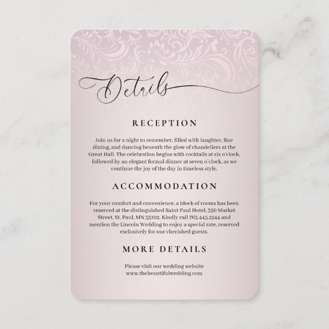 Salmon Pink Damask Wedding Reception Card (Front)