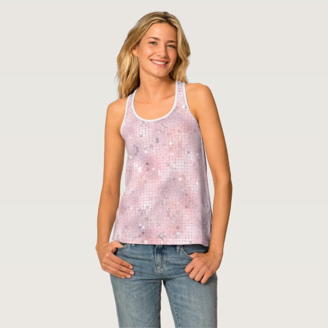 Salmon pink disco mirror squares pattern tank top (Front Full)