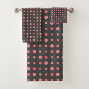 Salmon, pink dots on Gray Bath Towel Set