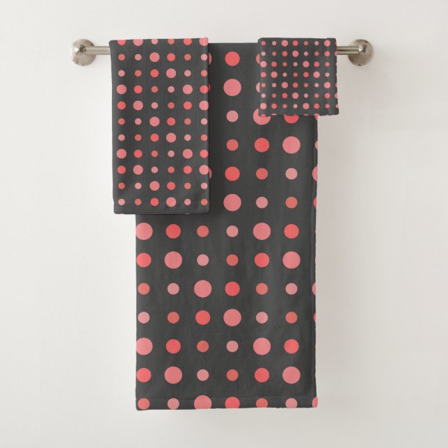Salmon, pink dots on Gray Bath Towel Set (Insitu)
