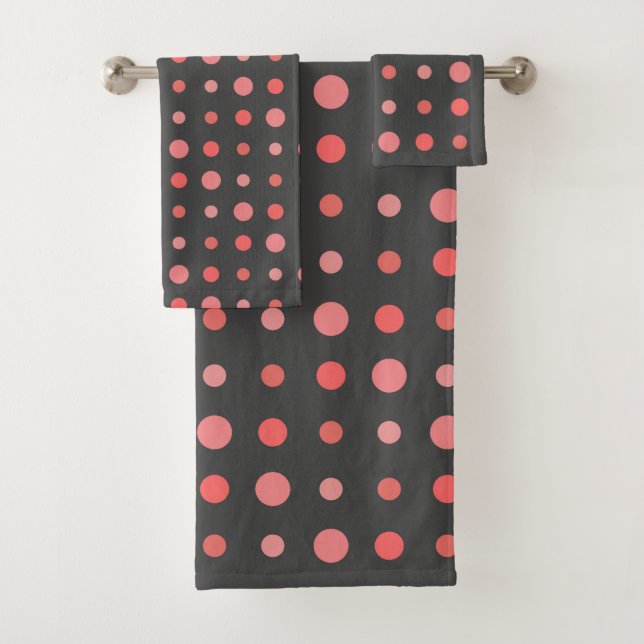 Salmon, pink dots on Gray Bath Towel Set (Insitu)