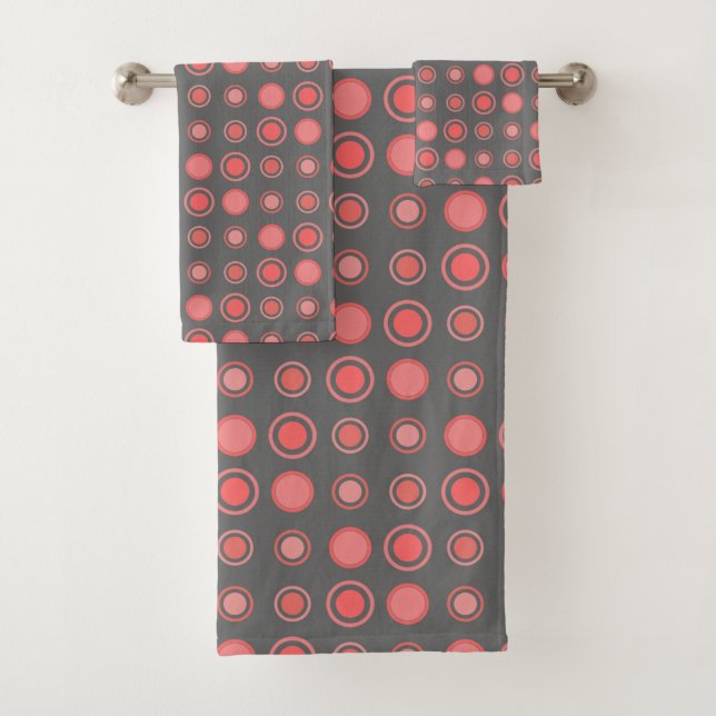 Salmon, pink dots on Gray Bath Towel Set (Insitu)