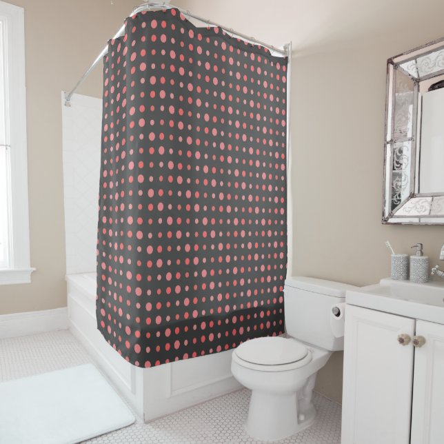 Salmon, pink dots on Gray Shower Curtain (In Situ)