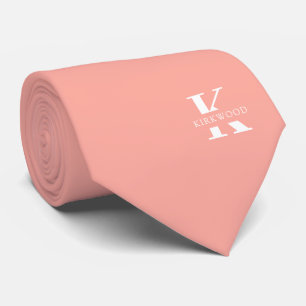 Salmon Pink Elegant Monogram + Name One-Sided Neck Tie
