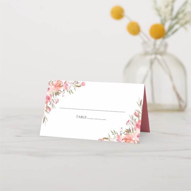 Salmon Pink Floral Wedding Place Card (Front)