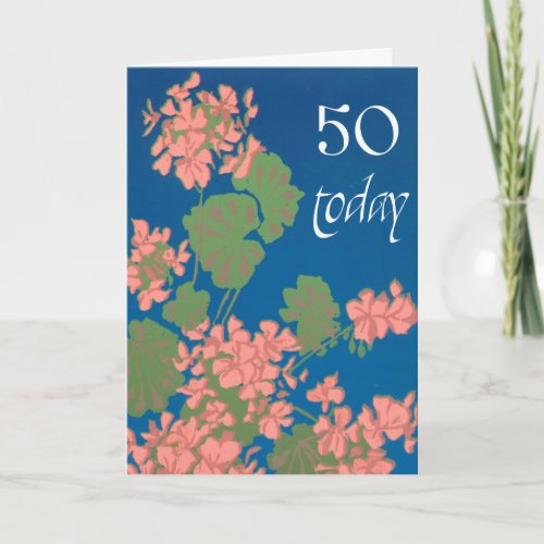 Salmon Pink Geraniums on Deep Blue 50th Birthday Card