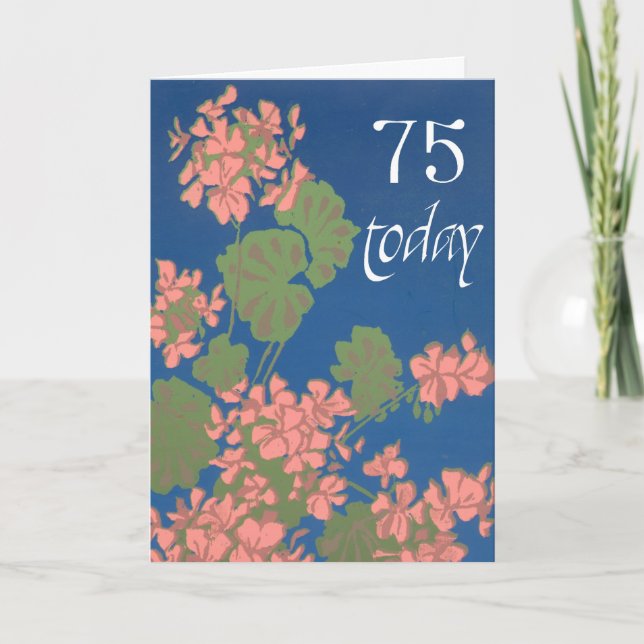Salmon Pink Geraniums on Deep Blue, 75th Birthday Card (Front)