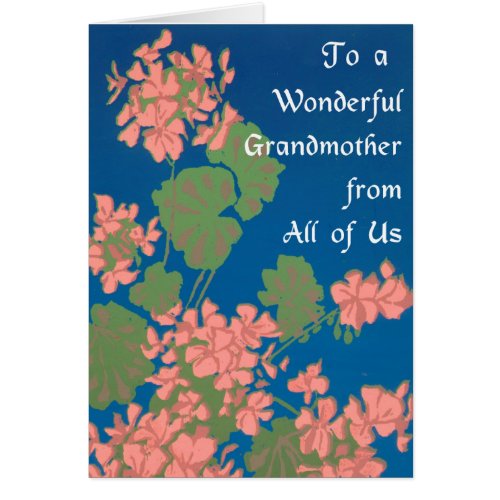 Salmon Pink Geraniums on Deep Blue Grandmother