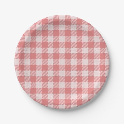 Salmon Pink Gingham Plaid Paper Plate