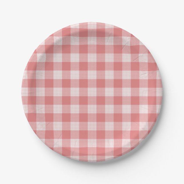 Salmon Pink Gingham Plaid Paper Plate (Front)