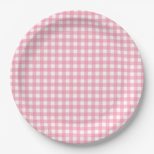 Salmon Pink Gingham Plaid Paper Plates