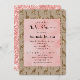 Salmon Pink Glitter Brown Giraffes Baby Shower Invitation