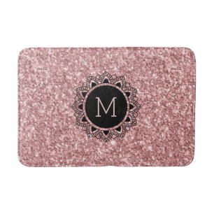 Salmon Pink Glitter, Ornate Circle, Monogram Bathroom Mat