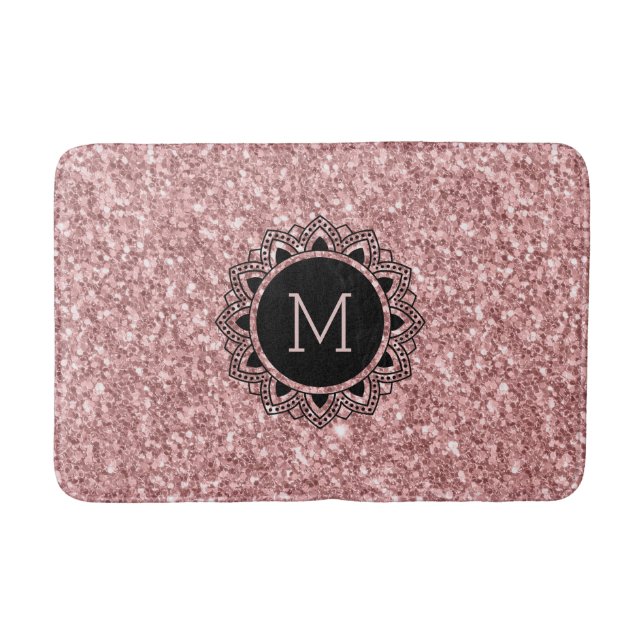 Salmon Pink Glitter, Ornate Circle, Monogram Bathroom Mat (Front)
