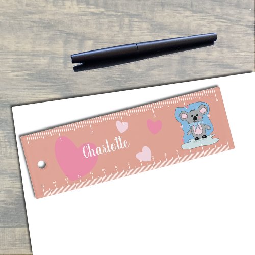 Salmon Pink Kid Ruler with Sweet Koala and Hearts