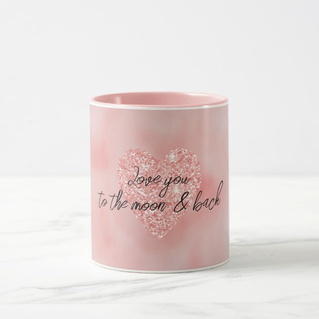 Salmon Pink Ombre Glitter Heart Love Quote Mug (Center)