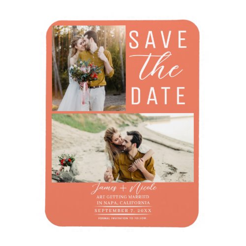 Salmon Pink Orange 2 Photos Save the Date Wedding Magnet