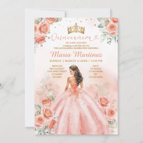 Salmon Pink Peach Princess Floral Gold Quinceañera