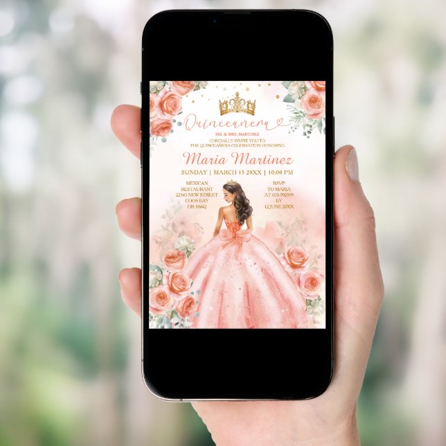 Salmon Pink Peach Princess Floral Gold Quinceañera Invitation (Front Digital)