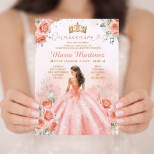 Salmon Pink Peach Princess Floral Gold Quinceañera Invitation