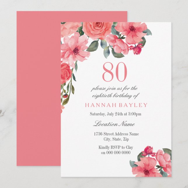 Salmon Pink & Peach Tropical 80th Birthday Invite (Front/Back)