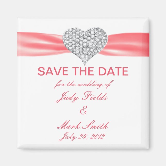 Salmon Pink Ribbon Diamond Save The Date Magnet (Front)