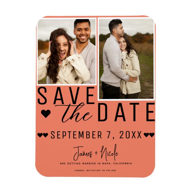Salmon Pink Save the Date 2 Photo Wedding Magnet (Vertical)