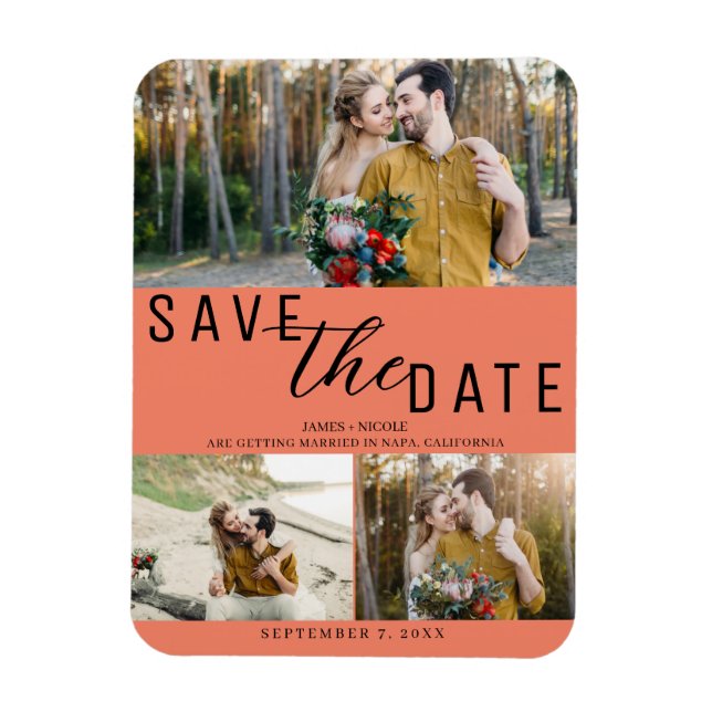 Salmon Pink Save the Date Wedding 3 Photos Magnet (Vertical)