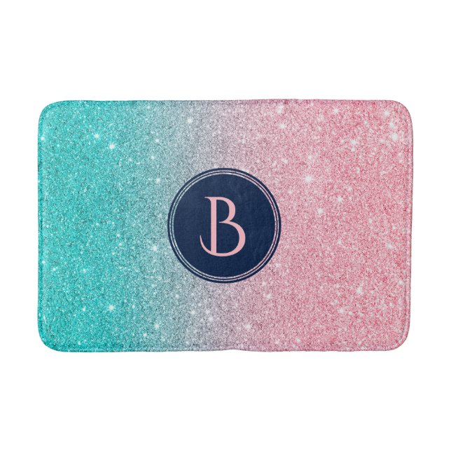 Salmon Pink & Turquoise Faux Glitter Bath Mat (Front)
