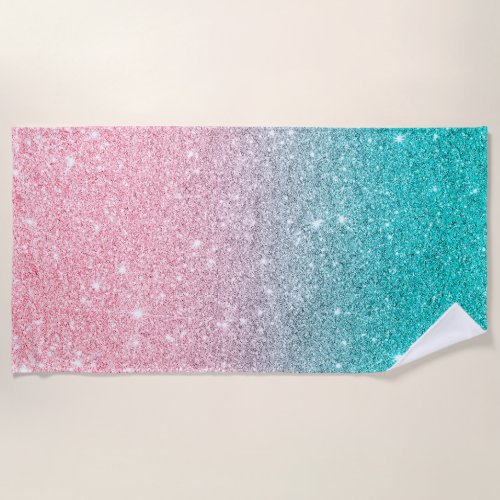 Salmon Pink  Turquoise Ombre Faux Glitter Beach Towel