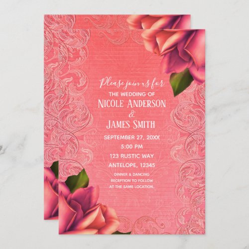 Salmon Pink Vintage Antique Rose Elegant Wedding Invitation