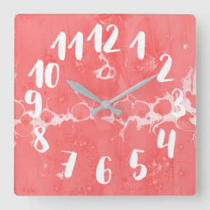 Salmon pink, water, texture design, marbling paper square wall clock