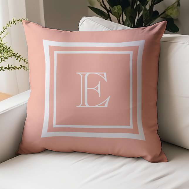 Salmon Pink White Square Framed Monogram Throw Pillow (Creator Uploaded)