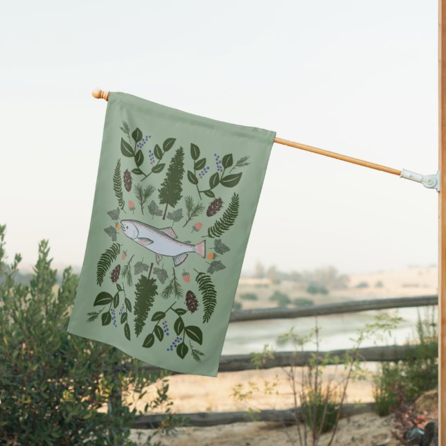 Salmon PNW Nature Ferns Berries Salal Firs  House Flag (Insitu (Back))