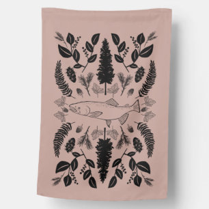 Salmon PNW Nature Ferns Berries Salal Firs House Flag