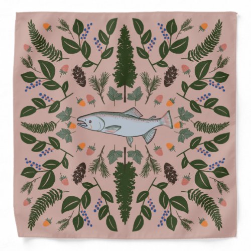 Salmon PNW Nature Fir Ferns Berries Foraging Feast Bandana