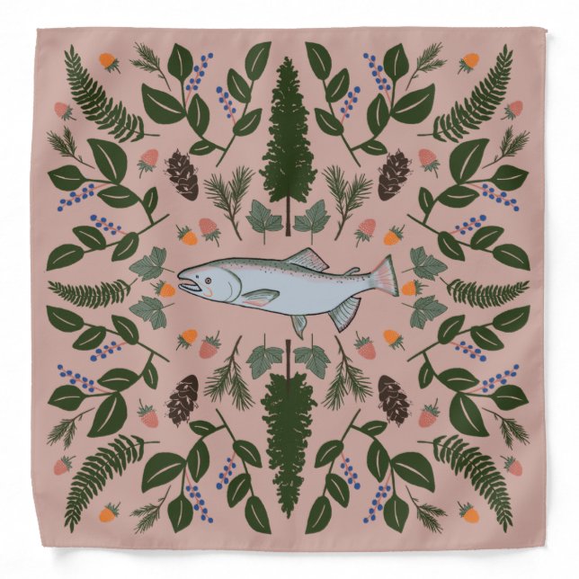 Salmon PNW Nature Fir Ferns Berries Foraging Feast Bandana (Front)