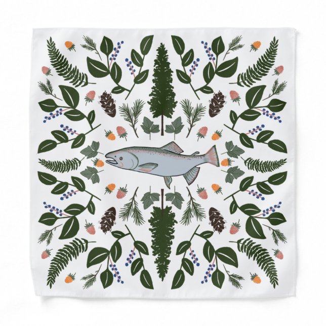 Salmon PNW Nature Fir Ferns Berries Foraging Feast Bandana (Front)