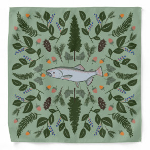 Salmon PNW Nature Fir Ferns Berries Foraging Feast Bandana