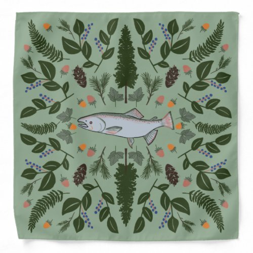 Salmon PNW Nature Fir Ferns Berries Foraging Feast Bandana