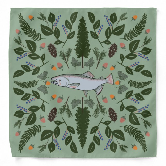 Salmon PNW Nature Fir Ferns Berries Foraging Feast Bandana (Front)