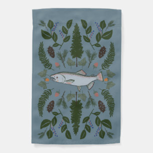 Salmon PNW Nature Fir Ferns Berries Foraging Feast Garden Flag