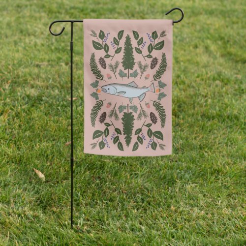 Salmon PNW Nature Fir Ferns Berries Foraging Feast Garden Flag