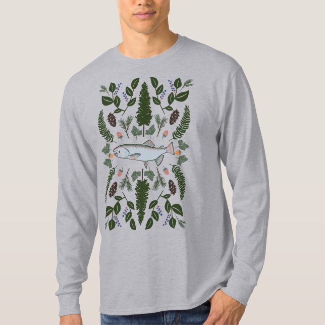 Salmon PNW Nature Fir Ferns Berries Foraging Feast T-Shirt (Front)