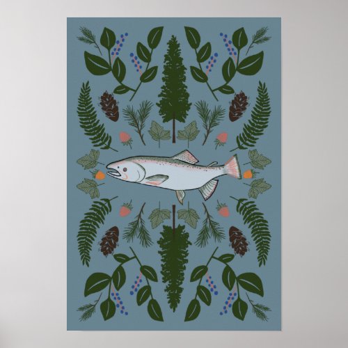 Salmon PNW Nature Fir Ferns Berries Forest Forage Poster