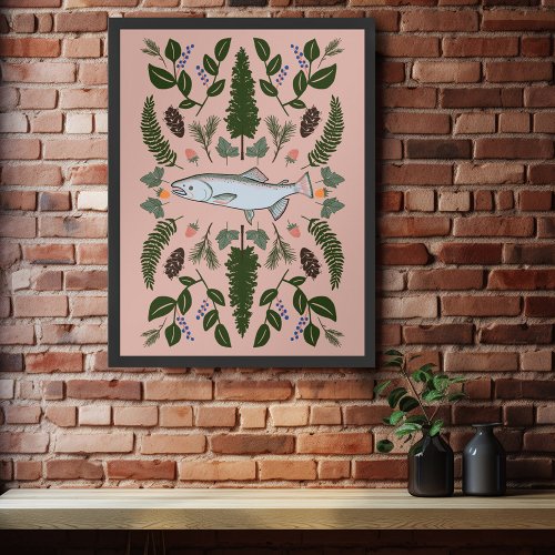 Salmon PNW Nature Fir Ferns Berries Forest Forage Poster